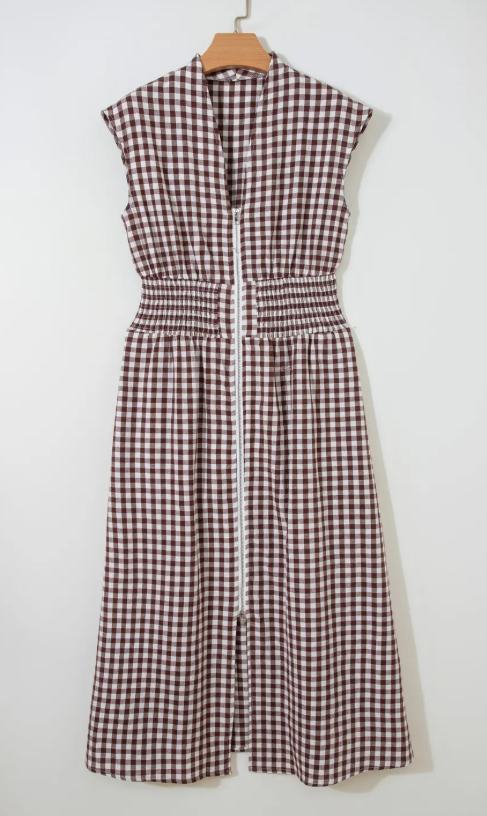 SALE!!!  Blakely Coffee Plaid Print Full Zipper Cinched Waist Fit Flare Sleeveless Maxi Dress