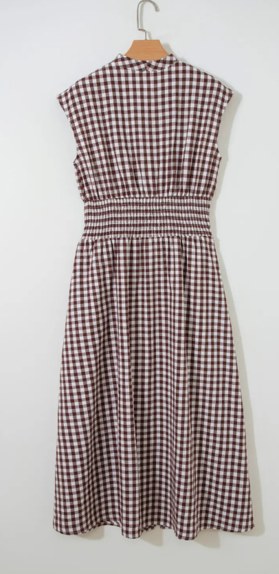 SALE!!!  Blakely Coffee Plaid Print Full Zipper Cinched Waist Fit Flare Sleeveless Maxi Dress