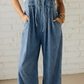 Krista Dusk Blue Acid Wash Pintuck Tie V Neck Denim Wide Leg Jumpsuit