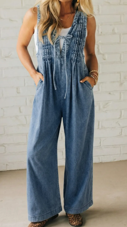 Krista Dusk Blue Acid Wash Pintuck Tie V Neck Denim Wide Leg Jumpsuit