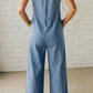 Krista Dusk Blue Acid Wash Pintuck Tie V Neck Denim Wide Leg Jumpsuit