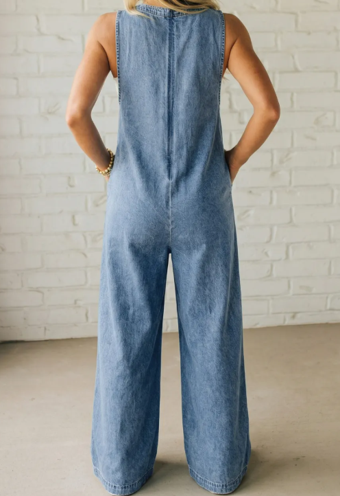 Krista Dusk Blue Acid Wash Pintuck Tie V Neck Denim Wide Leg Jumpsuit