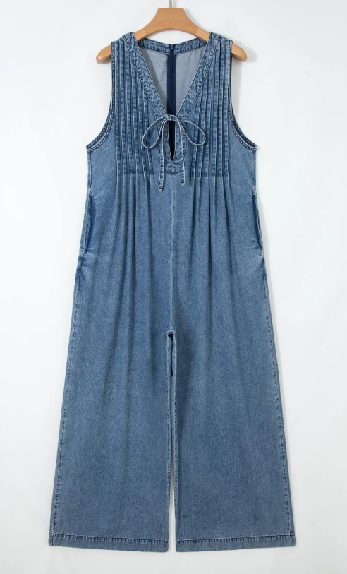 Krista Dusk Blue Acid Wash Pintuck Tie V Neck Denim Wide Leg Jumpsuit
