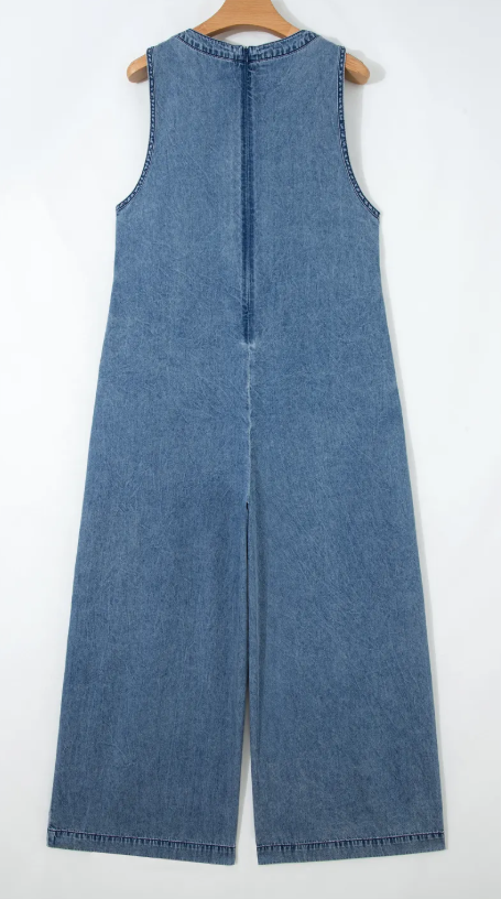 Krista Dusk Blue Acid Wash Pintuck Tie V Neck Denim Wide Leg Jumpsuit