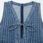 Krista Dusk Blue Acid Wash Pintuck Tie V Neck Denim Wide Leg Jumpsuit