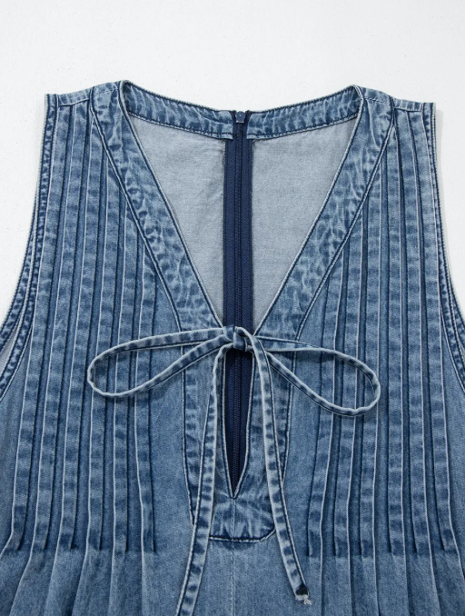 Krista Dusk Blue Acid Wash Pintuck Tie V Neck Denim Wide Leg Jumpsuit