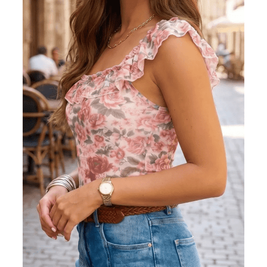 Feyre Retro Floral Ruffle Trim Square Neck Tank Top
