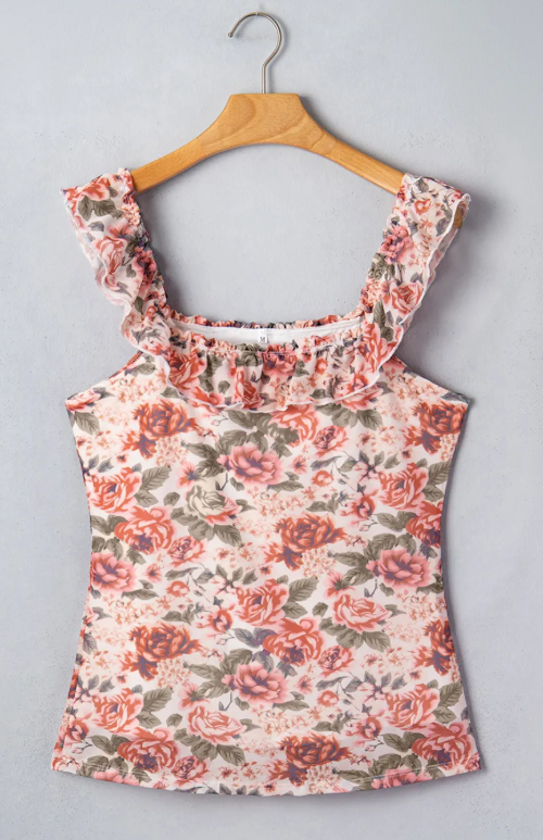 Feyre Retro Floral Ruffle Trim Square Neck Tank Top