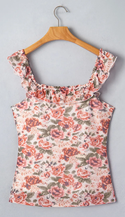 Feyre Retro Floral Ruffle Trim Square Neck Tank Top