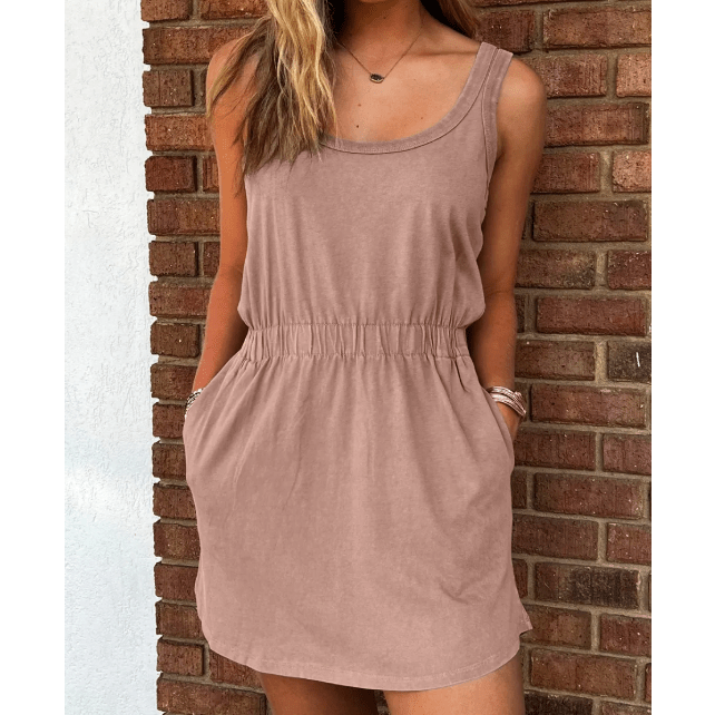 Halsie Mineral Wash U Neck Elastic Waist Sleeveless Mini Dress