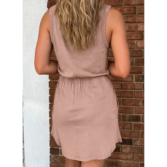 Halsie Mineral Wash U Neck Elastic Waist Sleeveless Mini Dress