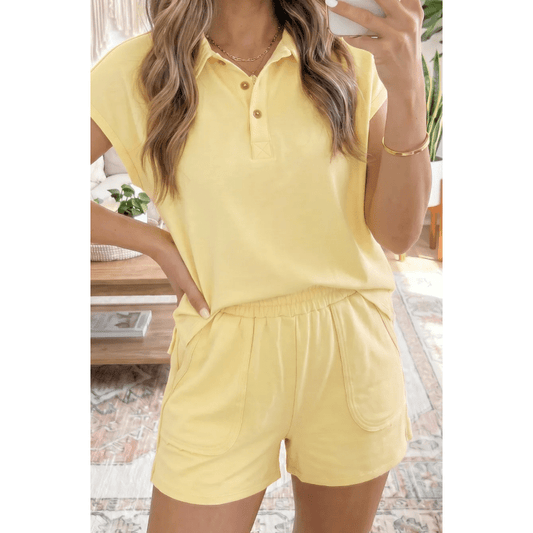 Kalin Yellow Loose Polo Tee Elastic Waist 2pcs Short Set