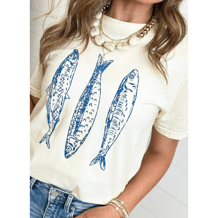 White Fish Print Short Sleeve Round Neck T Shirt