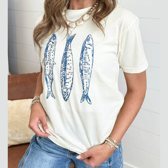 White Fish Print Short Sleeve Round Neck T Shirt