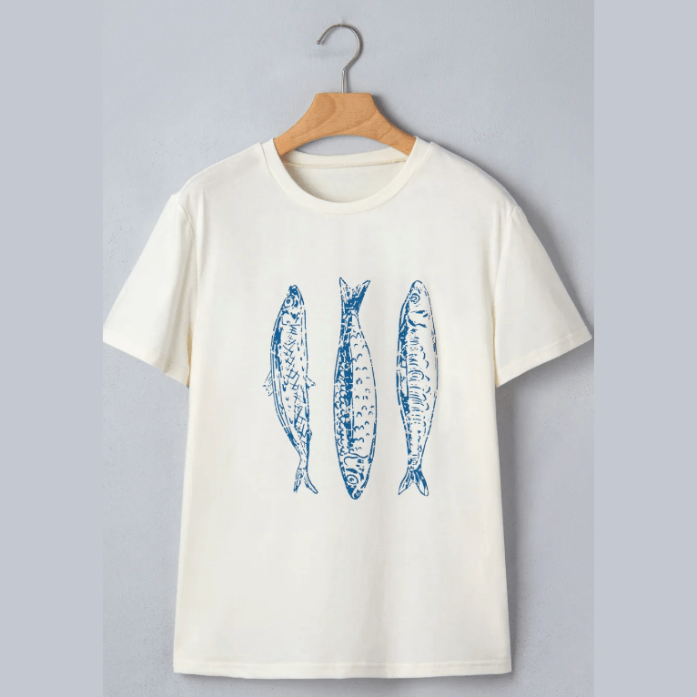 White Fish Print Short Sleeve Round Neck T Shirt
