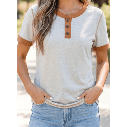 Marsia Grey Raw Seam Color Block Detail Buttoned Henley Tee