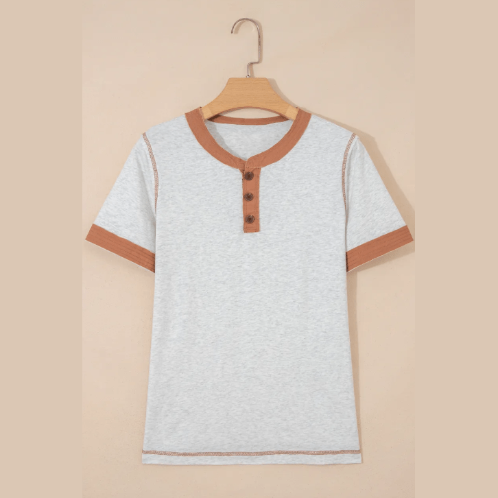 Marsia Grey Raw Seam Color Block Detail Buttoned Henley Tee