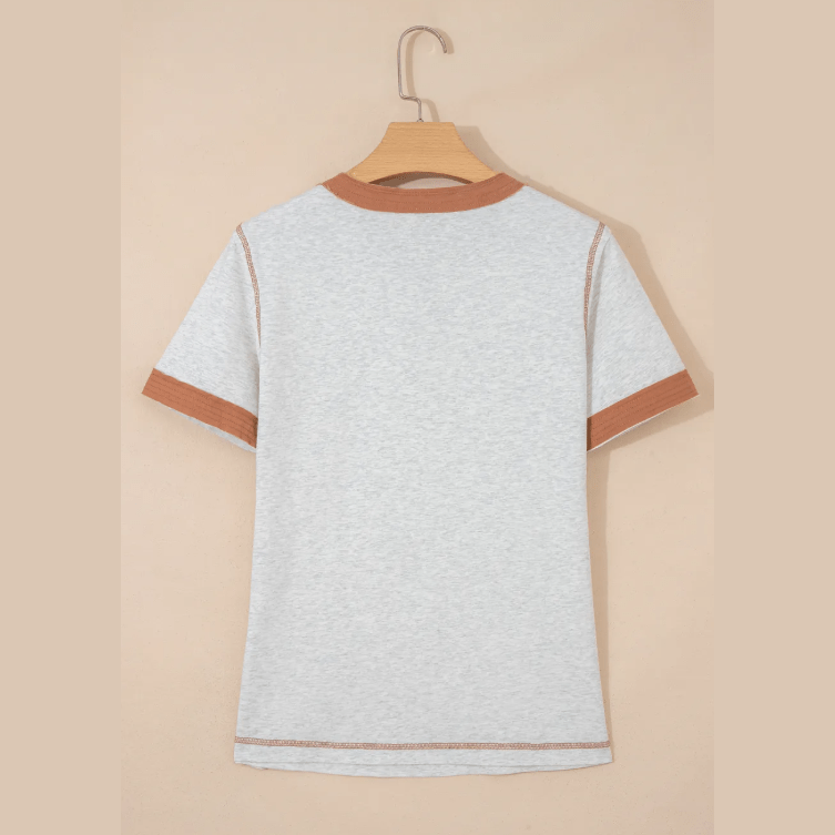 Marsia Grey Raw Seam Color Block Detail Buttoned Henley Tee