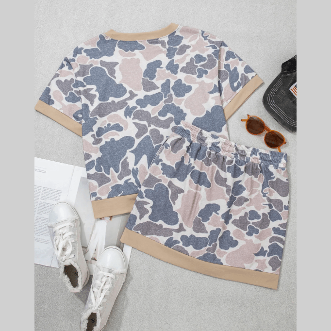 Lorna Retro Camouflage Color Block Trim Skort 2pcs Outfit