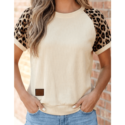 Brylee Ribbed Color Block Leopard Contrast Sleeve Loose Tee