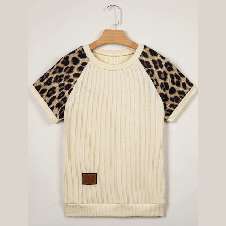Brylee Ribbed Color Block Leopard Contrast Sleeve Loose Tee