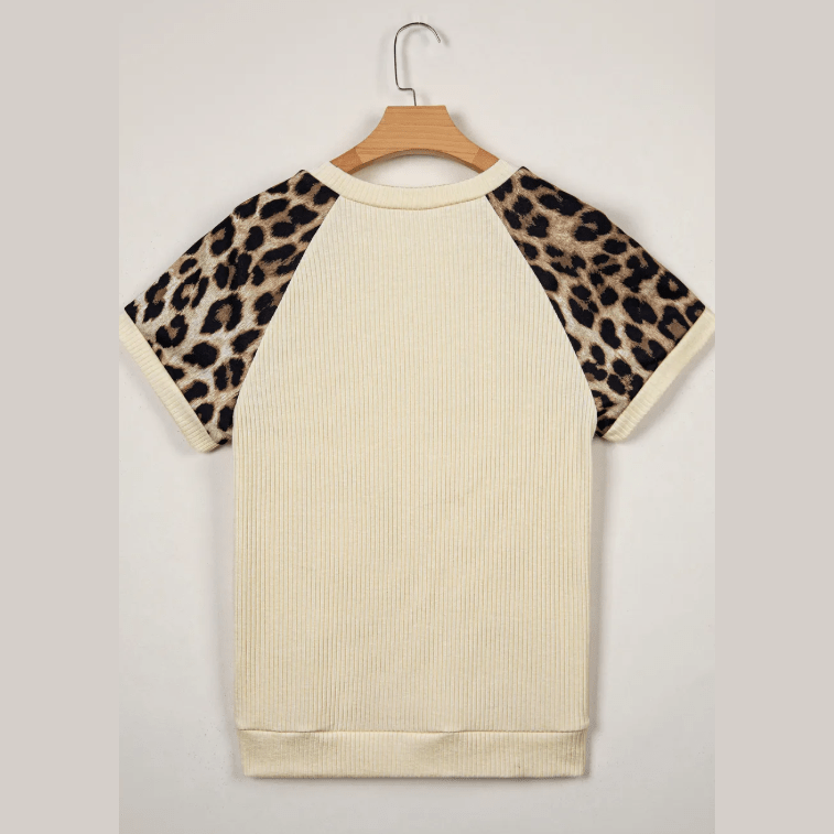 Brylee Ribbed Color Block Leopard Contrast Sleeve Loose Tee