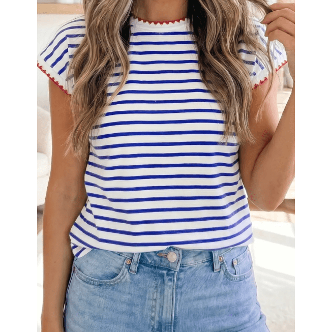 Simone Blue Stripe Contrast Trim Round Neck Cap Sleeve Tee