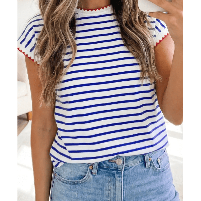 Simone Blue Stripe Contrast Trim Round Neck Cap Sleeve Tee