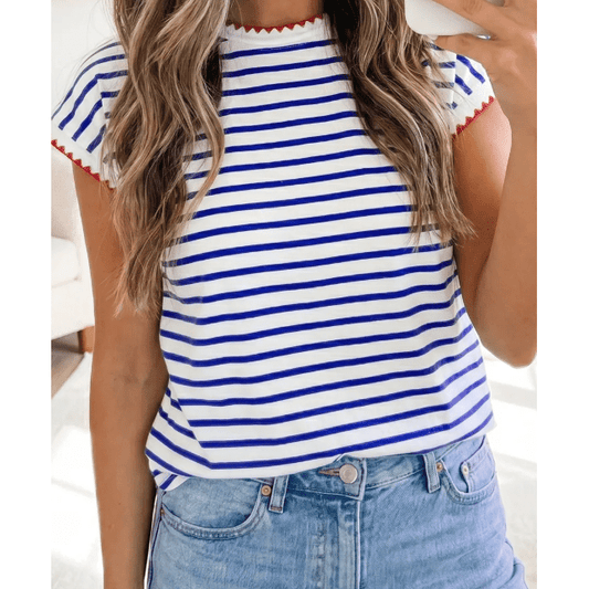 Simone Blue Stripe Contrast Trim Round Neck Cap Sleeve Tee