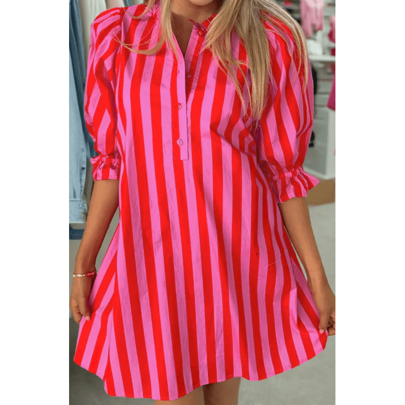 Ronica Stripe Half Button Puff Sleeve Loose Mini Dress
