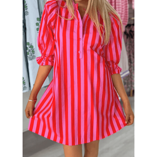 Ronica Stripe Half Button Puff Sleeve Loose Mini Dress
