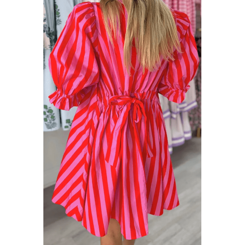 Ronica Stripe Half Button Puff Sleeve Loose Mini Dress