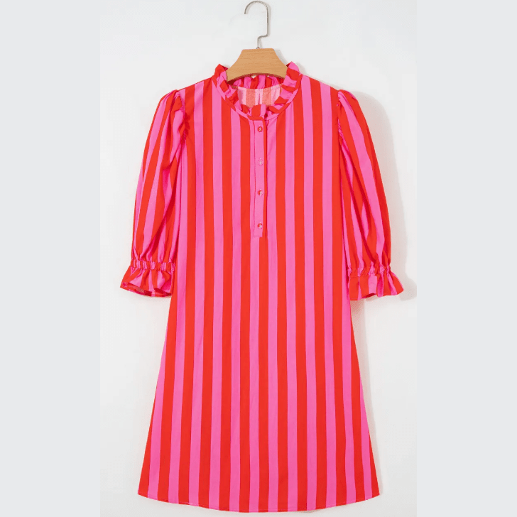 Ronica Stripe Half Button Puff Sleeve Loose Mini Dress