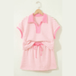 Jakota Pink Stripe Color Block Patchwork Polo Tee Drawstring Elastic Waist 2pcs Skort Set