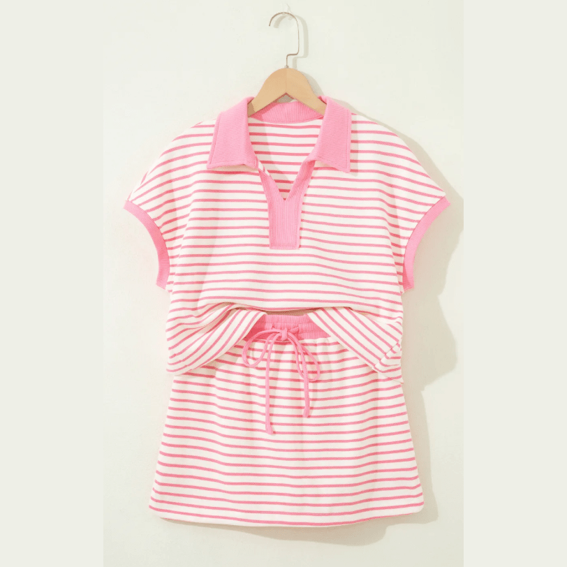 Jakota Pink Stripe Color Block Patchwork Polo Tee Drawstring Elastic Waist 2pcs Skort Set