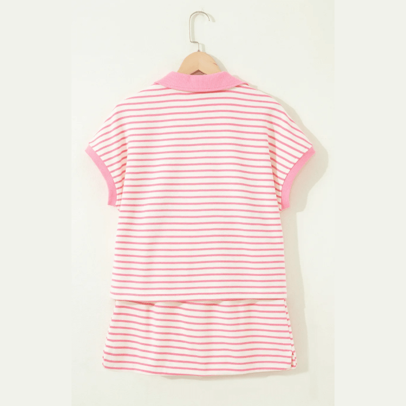 Jakota Pink Stripe Color Block Patchwork Polo Tee Drawstring Elastic Waist 2pcs Skort Set