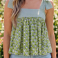 Anya Dark Green Floral Printed Knot Straps Babydoll Tank Top