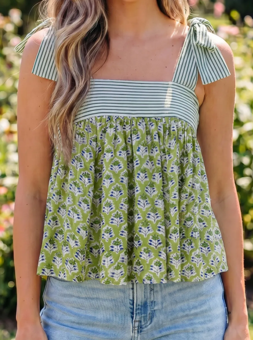 Anya Dark Green Floral Printed Knot Straps Babydoll Tank Top