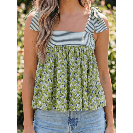 Anya Dark Green Floral Printed Knot Straps Babydoll Tank Top