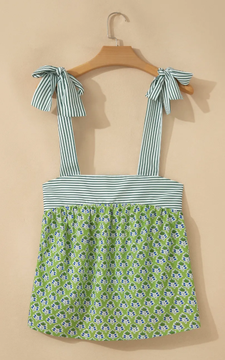 Anya Dark Green Floral Printed Knot Straps Babydoll Tank Top
