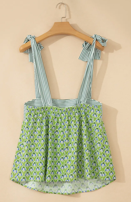 Anya Dark Green Floral Printed Knot Straps Babydoll Tank Top