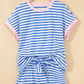 Charbel Sky Blue Stripe Contrast Trim Crew Neck Tee Knot Shorts 2pcs Set