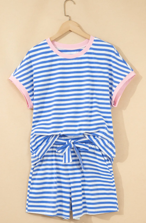 Charbel Sky Blue Stripe Contrast Trim Crew Neck Tee Knot Shorts 2pcs Set