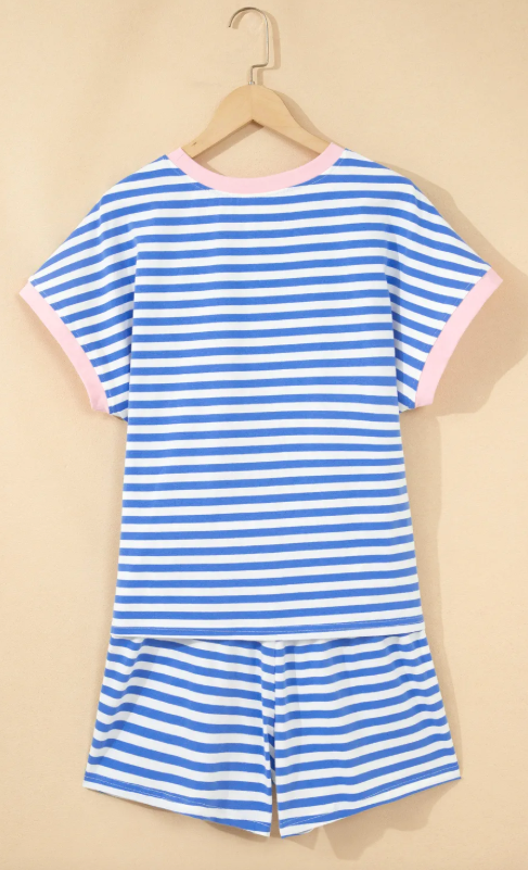 Charbel Sky Blue Stripe Contrast Trim Crew Neck Tee Knot Shorts 2pcs Set