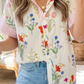 Gera Pink Floral Striped Patchwork Ruffled Collar Short Sleeve Shirt