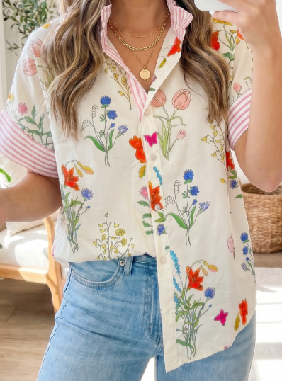 Gera Pink Floral Striped Patchwork Ruffled Collar Short Sleeve Shirt
