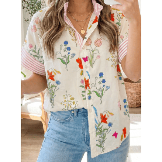 Gera Pink Floral Striped Patchwork Ruffled Collar Short Sleeve Shirt
