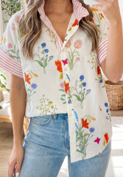 Gera Pink Floral Striped Patchwork Ruffled Collar Short Sleeve Shirt