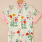 Gera Pink Floral Striped Patchwork Ruffled Collar Short Sleeve Shirt