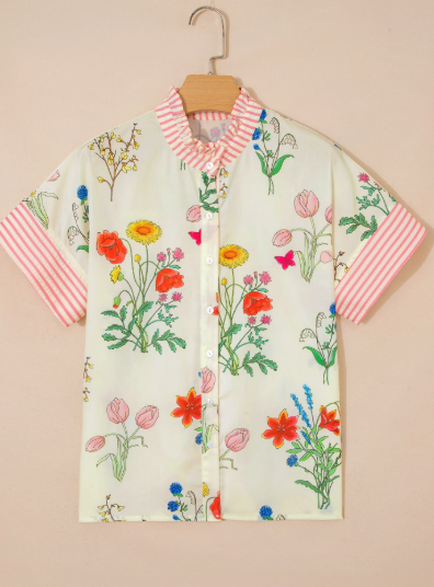 Gera Pink Floral Striped Patchwork Ruffled Collar Short Sleeve Shirt